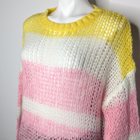 Sundance Pink Yellow White Stripes Loose Knit Long Sleeve Sweater L - Picture 2 of 7